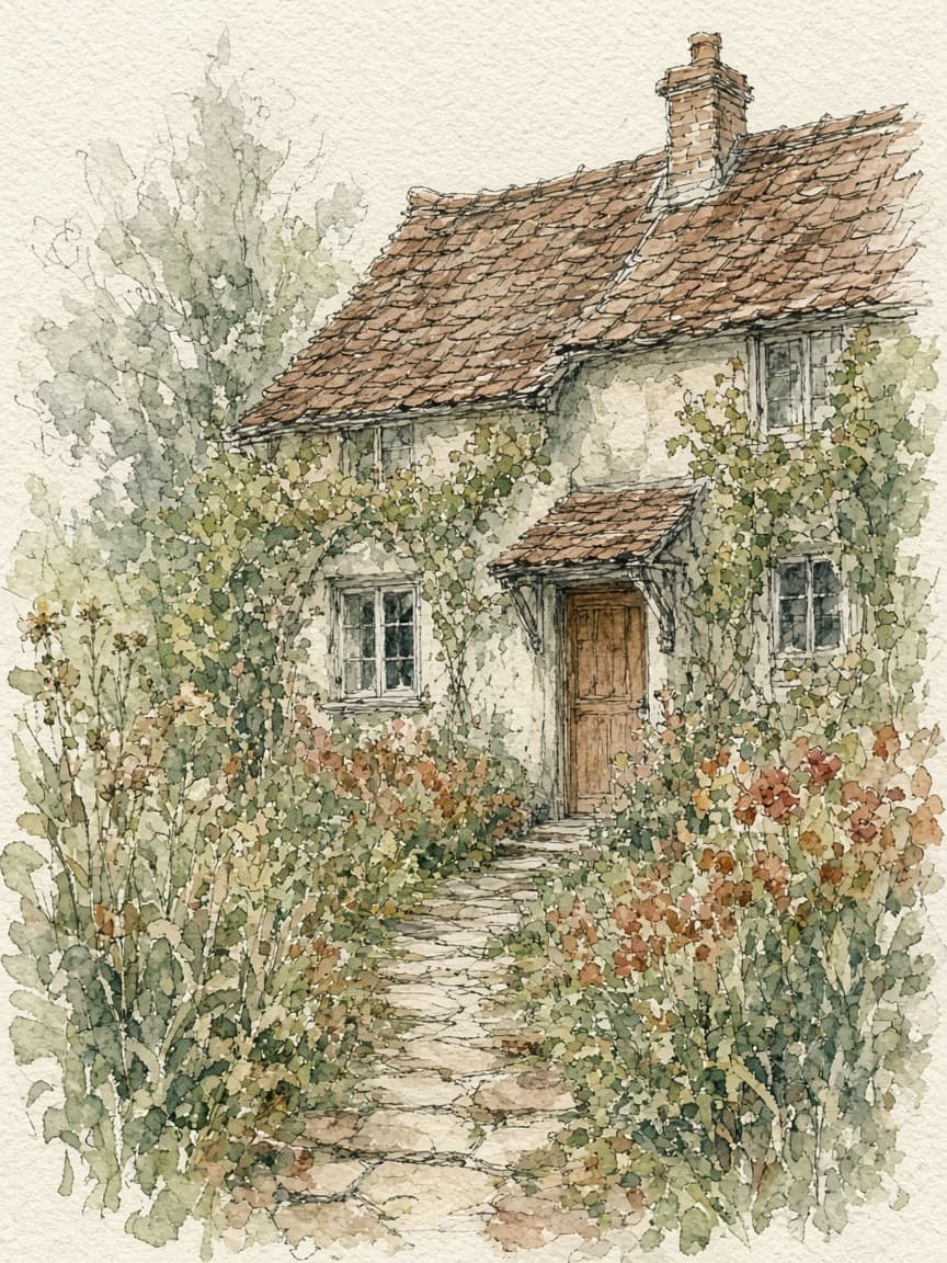 Home, original pencil and watercolour of a cottage