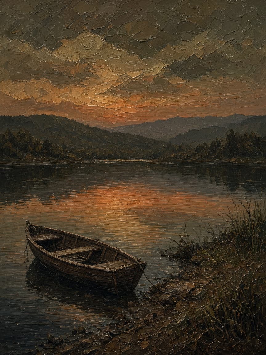Stillness, original oil painting of a lake at dusk