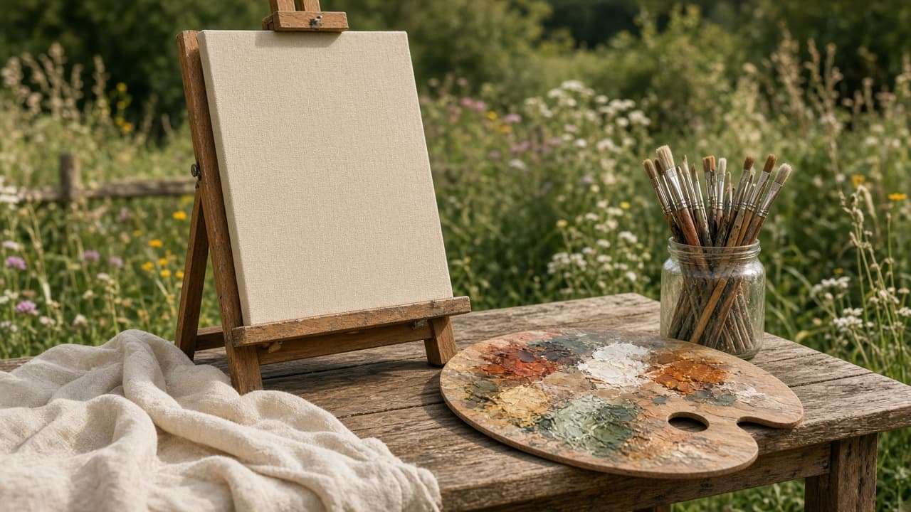 An outdoor artist setup with easel, canvas and paints